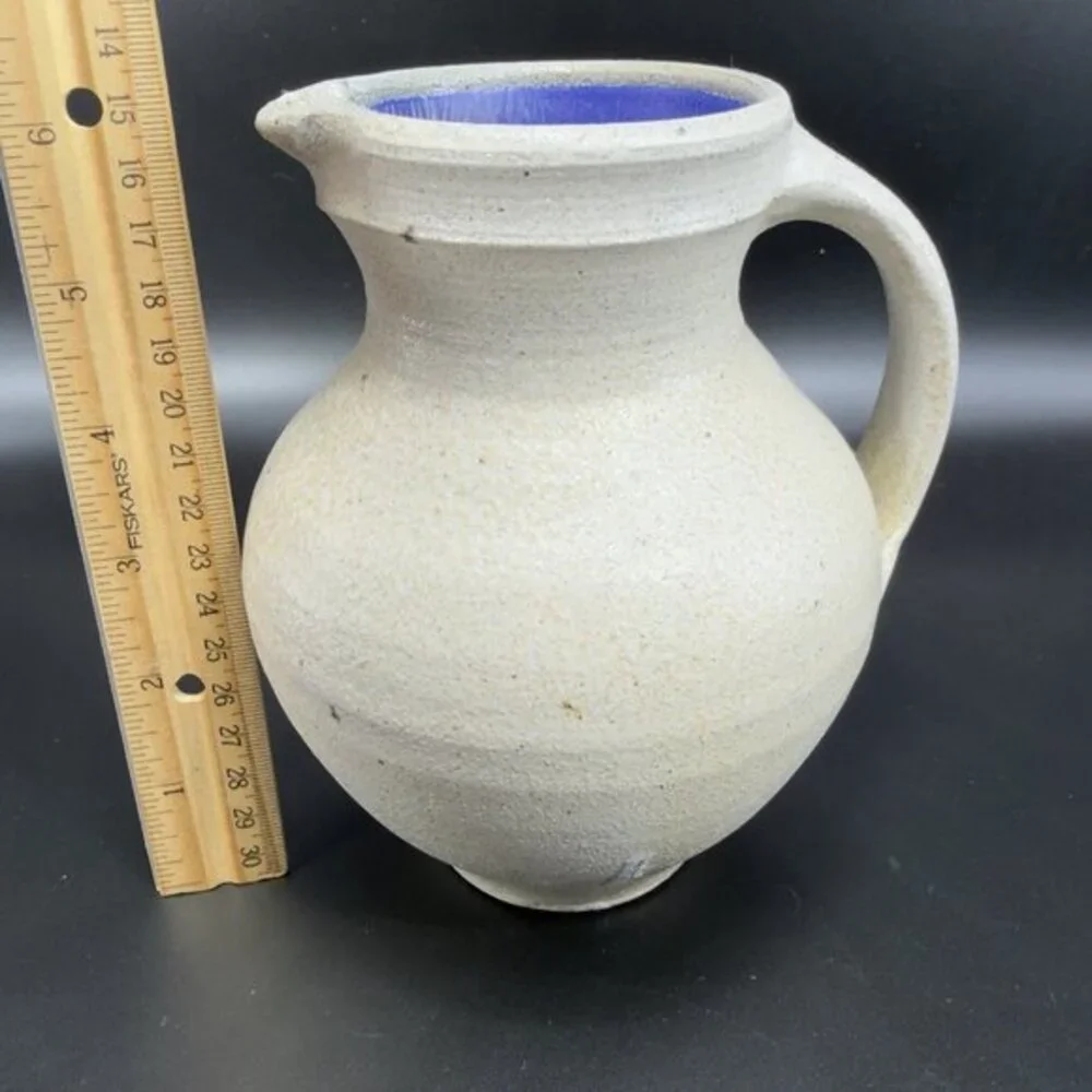 Kings Pottery‎ Seagrove NC Gray W Blue Inside Pitcher Carafe Jug Artist Marked